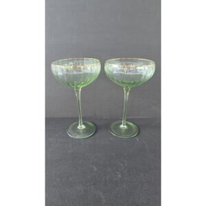 Vintage Green Ribbed Champagne Coupes Pair Gold Rim Depression Glass Stemware